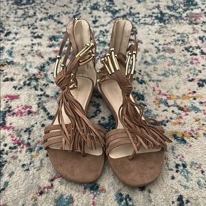 Elegant Brown Sandals with Fringe and Gold Accents